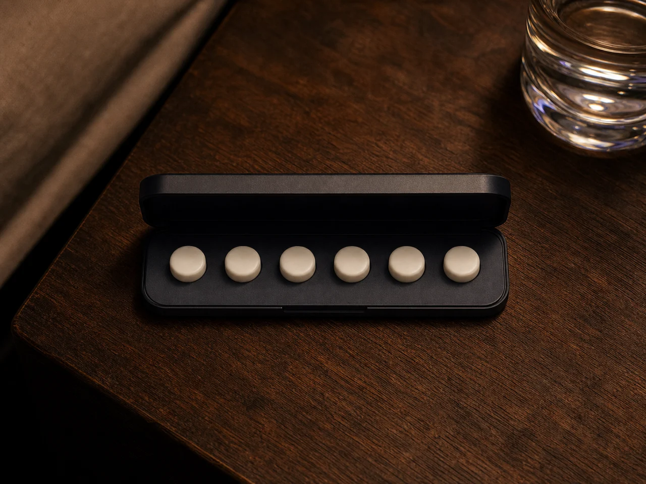 An illustrative overhead view of the concept case holding exactly six unbranded dose pieces
