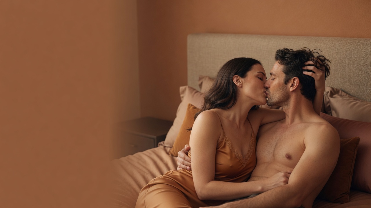 An adult couple sharing an affectionate kiss in a softly lit bedroom