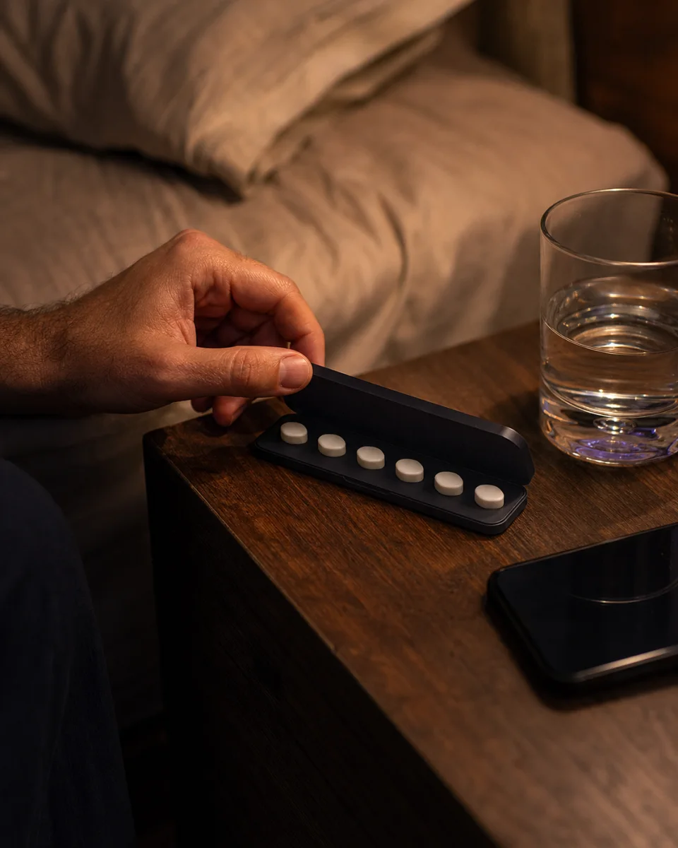 An illustrative matte case holding six unbranded concept dose pieces on a bedside table
