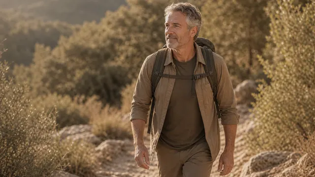 An older man hiking outdoors, representing longevity and healthy aging