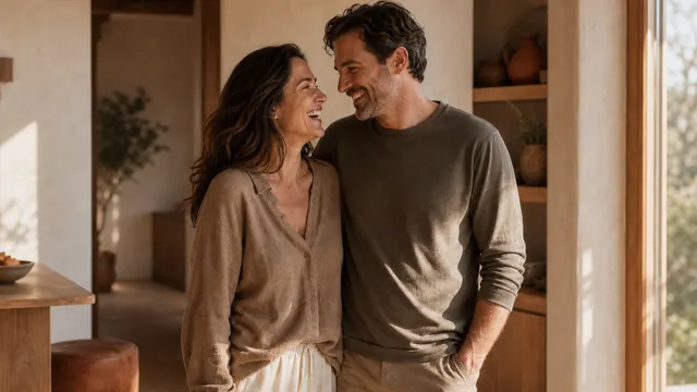 A relaxed couple at home, representing sexual wellness care